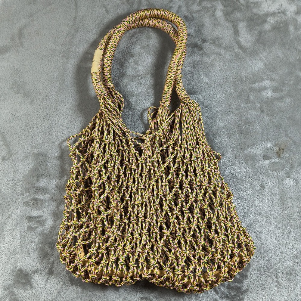 Bellerose Mesh Net Tote Bag Pink Green Yellow Rope Macrame Purse Handbag Boho‎
